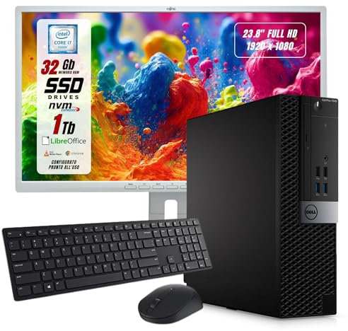 Postazione Completa, Pc Desktop Dell Intel i5-7600 4 Core, Ram 32Gb SSD 1000Gb, Monitor 24 FHD, Win 10 e Libre Office, Compreso di Mouse e Tastiera (Ricondizionato)
