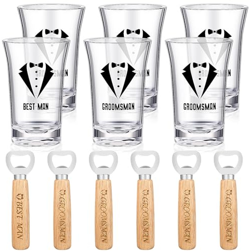 Didaey 12 Pcs Groomsmen Shot Glasses and Beer Bottle Opener Set Include 6 Best Man Groomsmen Shot Glasses and 6 Bottle Opener Bulk Groomsmen Gifts Groomsman Proposal Gifts for Wedding Favor