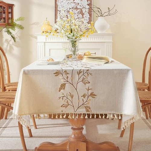 Lifetooler Mantel Antimanchas Rectangular Algodón y Lino Impermeable Manteles de Mesa Elegante con Borla para Exterior Jardin,Cocina Decoracion Mesa Comedor(Blanco,140x140cm)