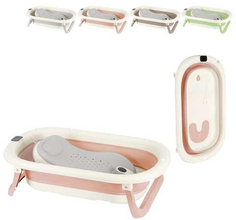 XUANYU Baignoire Bébé avec Thermomètre à eau et Transat de Bain, Baignoire Bebe sur Pied, Bassine Bebe Pliable et Portable, Antidérapant et Confortable, Baignoire de Voyage pour Nouveau-nés (Rose)