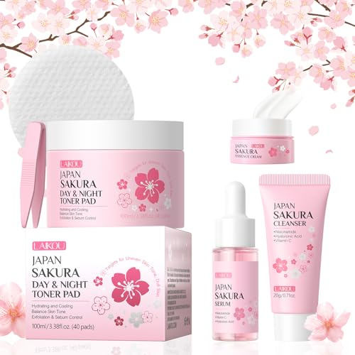 LAIKOU Sakura Gesichtswasser Pads, 40 Stück Feuchtigkeitsspendende Baumwollpads, Peeling Toner Pads, für Tiefenreinigende Poren Hydratisierend verbessert Elastizität und Textur