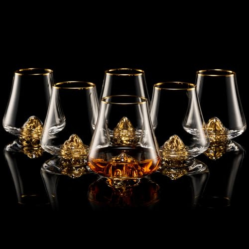 DUJUST Lot de 6 verres à whisky (8oz/235ml) avec motif montagne or 24 carats, verres à whisky en cristal, verres Old Fashioned pour brandy, cognac, bourbon et tequila, cadeau luxueux pour les fêtes