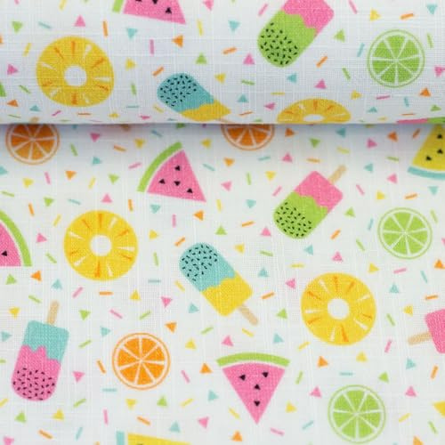 Musselin Stoff Double Slub MELTEM - 100% Baumwolle - 144 cm breit - Musselin Stoff mit Kinder-, Sommermotiven und Leo Muster - Blickdicht und formstabil (Eis, Früchte, weiß)