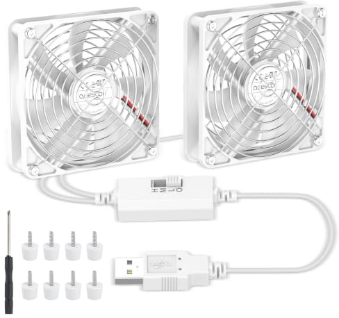 aceyoon Twin USB Fan 120mm 5V, Dual USB PC Fan with 3 Adjustable Speeds, Computer Ventilator with 8 Shock Absorbent Feet, Cooling Radiator with Metal Grill For PS4/Laptop/TV Box/AV Cabinet/Router