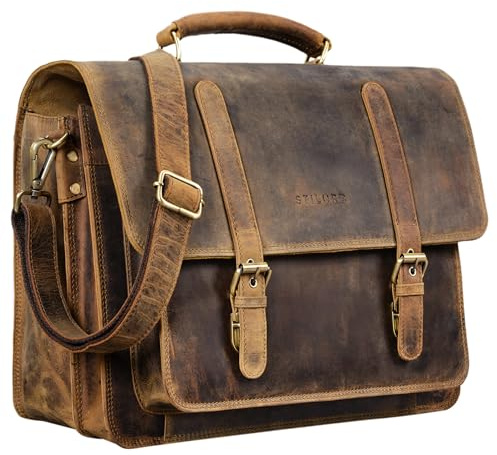 STILORD Andro Lärar Aktentasche Läder Vintage Axelväska med 14 tum Laptopfack Affärsväska för breda DIN A4 Dokument Mappar av äkta läder Farbe:Mellanbrun