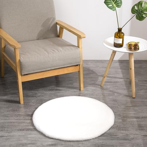 Kunst-Fell-Teppich Deko Sitzkissen | Flauschige Stuhlauflage für Schlafzimmer, Wohnzimmer oder Kinderzimmer | rutschfest und waschbar | Weiss - Rund 45cm