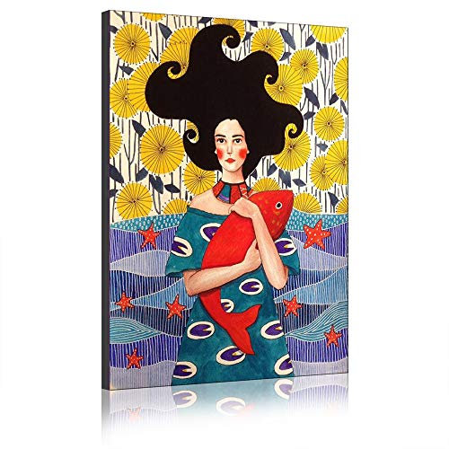 Ragazza Fiore, Mare, Stella Marina, Pesce Quadro su Tela Personaggi Colorati in Stile Moderno Nordico Stampe su Dipinti su Tela (con Cornice,60_x_90_cm)