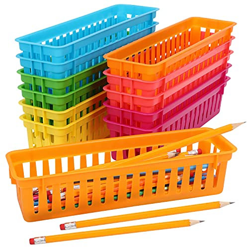 BELLE VOUS Schreibwaren Aufbewahrungskorb Plastik (12Stk) - Aufbewahrungsbox Lang Set Bunt - Plastikkorb Aufbewahrung für Buntstifte Klein/Stifte in Klassenzimmer, Schreibtisch, Büro, Zubehör, Makeup