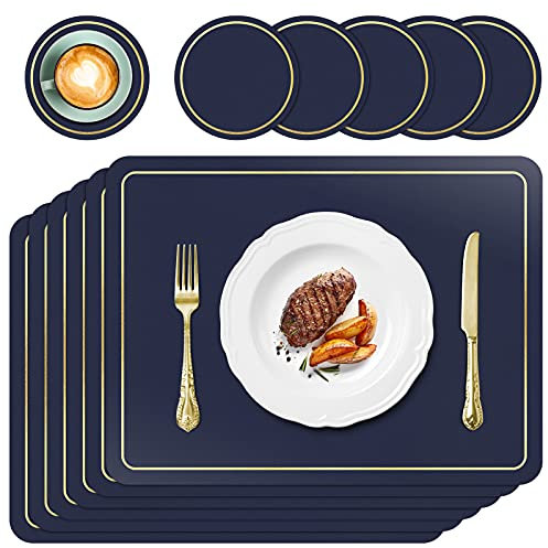 APLKER Manteles Individuales Lavables Impermeable Salvamanteles Individuales de Cuero Juego de 6 para la Mesa de Comedor de Cocina, Resistentes al Calor Antideslizante 42 x 30 cm (Azul Oscuro)