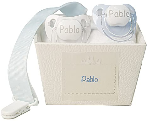 Personalisierter Baby-Schnuller mit Namen (2 Stück), 0-6 Monate, BPA-freier Silikon-Sauger und Schnullerhalter, inklusive personalisierter Box (Blau) | BebeDeParis