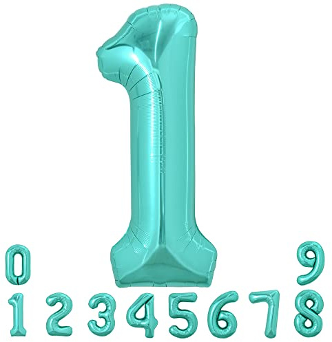 TONIFUL 40 Inch Large Teal Blue Number Balloons, Giant Jumbo Helium Foil Mylar Big Turquoise Number 1 Balloons for Birthday Party Anniversary Wedding Decorations