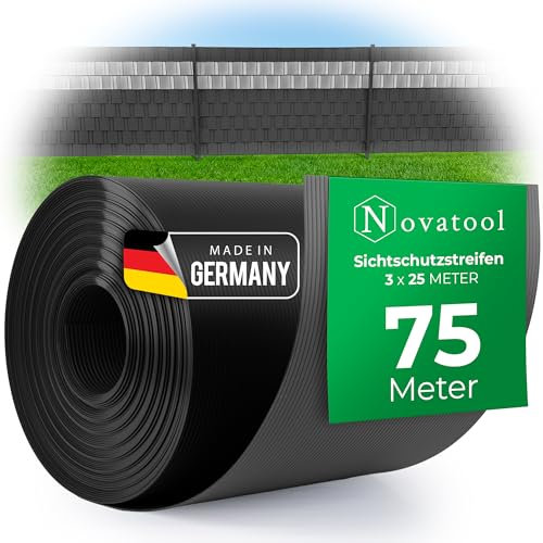 Novatool 3X 25m Rolle PP Premium Sichtschutzstreifen für Doppelstabmatten ANTHRAZIT RAL 7016-19 cm hoch - 30 Reihen Stabmattenzaun Sichtschutzstreifen GRAU mit Rillen Zaunelemente Sichtschutz