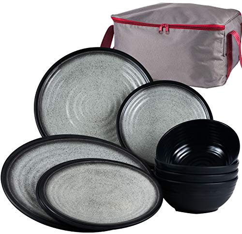 Melamin Geschirr Set für 4 Personen Grau Granit-Optik 13 Teile - mit Aufbewahrungstasche - Campinggeschirr Geschirrset Tafelgeschirr - Spülmaschinengeeignet Outdoor Camping Reißverschluß Tasche