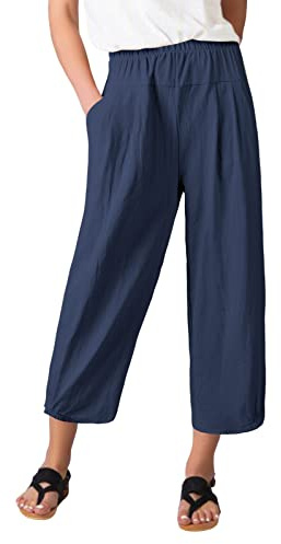 TOMEEK Pantalones Mujer de Lino Cómodo Anchos 3/4 Con Bolsillos Capri de Cintura Alta Elásticos de Algodón Fluidos Verano, Azul Marino, Talla XXL