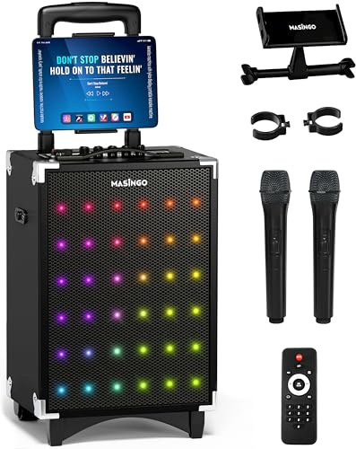 MASINGO Karaoke Machine for Adults and Kids, 40W Speaker with 8 Woofer, 2 Wireless Microphones, Bluetooth, USB, MicroSD, FM Radio, TV Connection, Tablet Holder, and Real-Time Karaoke Mode, Soprano X2