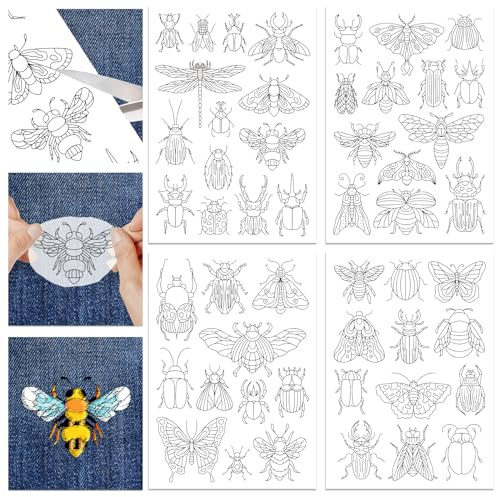 GLOBLELAND 4 Fogli 50 Pezzi di Modelli di Insetti Adesivi e Stabilizzatori Idrosolubili per Ricamo Adesivi per Cucito A Mano Stabilizzatori per Tessuti Non Tessuti Aiuto per Disegno e Schizzo