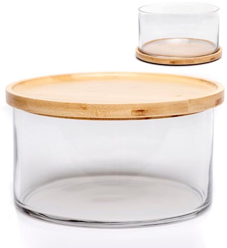 25DOL Extra Large 10 inch Clear Glass Salad Bowl Dish【Hand Blown】 Dual Function Bamboo Lid - Mixing Bowl for Salads, Dessert, Fruit, Punch - Centerpiece Large Serving Bowls - Airtight Lid