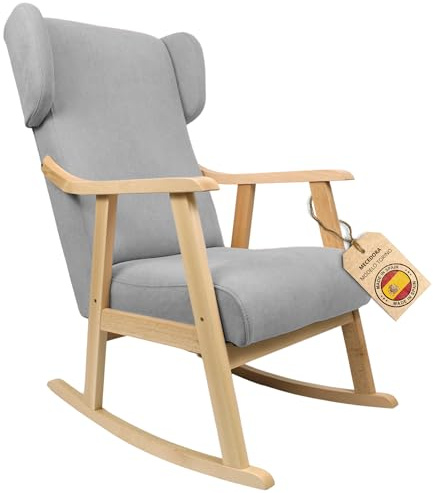 ECO SILLA Y DESCANSO® Mecedora Orejera Mod. Torino. Sillon, balancin, Mecedora Especial Lactancia, Antimanchas, Madera Haya Maciza. Fabricado en España. (Gris/Natural)