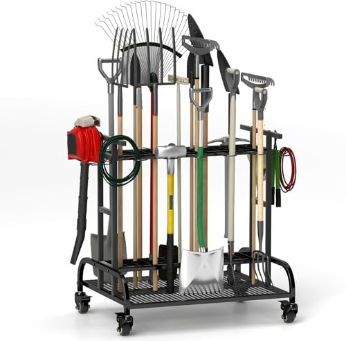 DFENG Étagère de rangement pour outils de jardin - En métal - Avec roulettes - Outil de nettoyage polyvalent - Pour garage et jardin