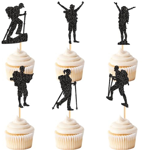 Blumomon 24 Stück Wander-Kuchendekorationen Wandern Cupcake Topper Bergsteiger Spieler Kuchendekorationen für HikeTheme Mann Junge Mädchen Geburtstag Kuchen Dekoration Supplies