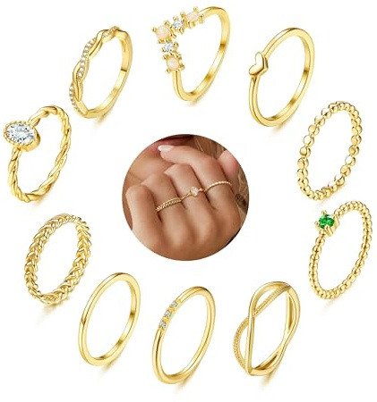 ORAZIO 10Pcs Gold Ringe Frauen 14 Karat Vergoldete Goldene Ringe Set Goldring Damen Stapelbare Fingerring Opal Zirkonia Daumenringe Damenring Wasserfest Gold Ring Schmuck für Damen Größe 57