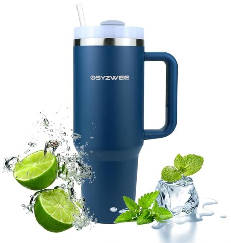 DSYZWEE Double Wall Travel Flask Car, 40OZ Insulated Stainless Steel Travel Mug, Tumbler with Handle, Straw and Lid for Hot and Cold Navy-Blue