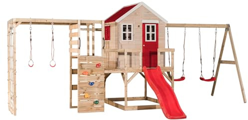 Wendi Toys M28-G Stelzenhaus mit Rutsche, Doppelschaukel und Kletterwand aus FSC-Holz, Spielhaus Kinder Outdoor Garten mit Plattform 90, 120 cm, Kletternetz, Turnringe, 342×563×242 cm
