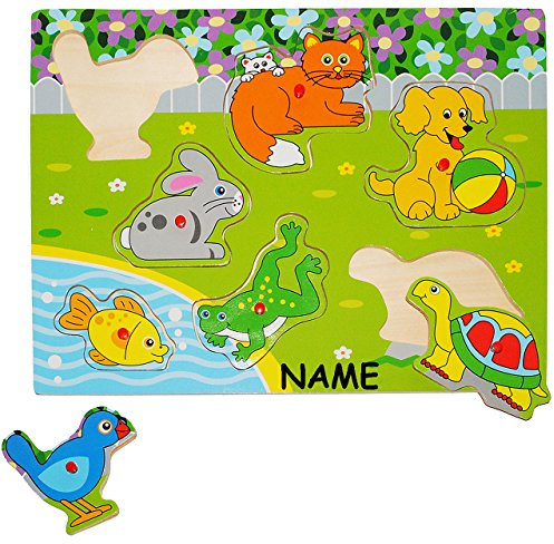 alles-meine.de GmbH Steckpuzzle aus Holz - 8 Teile - Haustiere/Tiere incl. Namen - mit Griff - große Holzpuzzle - Motorikspiel - Motorik - Puzzle - Rahmenpuzzle für Kinder ..