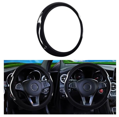 JNNJ Coprivolante Elastico Antiscivolo Resistente All'usura, Rivestimento Protettivo Per Il Volante, Coprivolante Elasticizzato, Dinamico Copertura Volante Senza Anello Interno Pelle(Nero Argento)