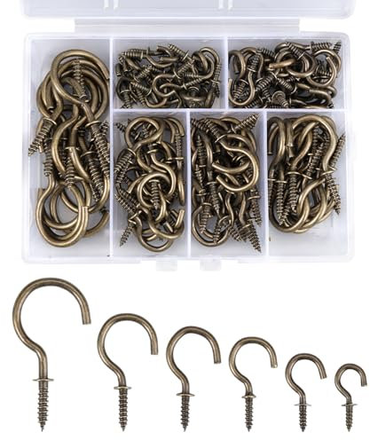 120 pezzi Ganci a Vite, 6 Taglie Ganci Avvitabili in Metallo Ganci da Soffitto in Metallo Ganci a Tazza Ganci a Vite per Legno con Scatola Portaoggetti, per Legno Soffitto Parete, Impiccagione Bronzo