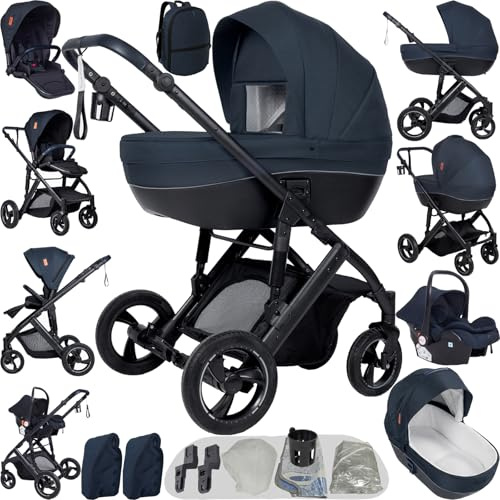 Nine point nine Kinderwagen 4 in 1, Kinderwagen Set mit Umkehrbarem Doppelschiebemodus, Kombikinderwagen 4 in 1 mit Großer Bequemer Babywanne, Kinderwagen Rahmen Aluminiumlegierung (V7 Blue)