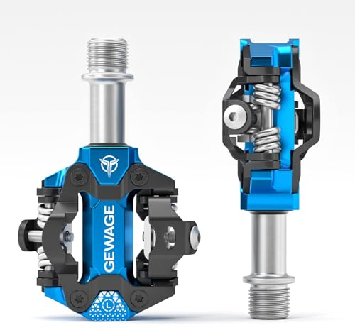 GEWAGE Klickpedaler för MTB – CNC-fräst aluminium, dubbelsidigt SPD-system, justerbar urkopplingsspänning, kompatibla med Shimano SPD-system, 365 g lätta, idealiska för mountainbike (Blue)