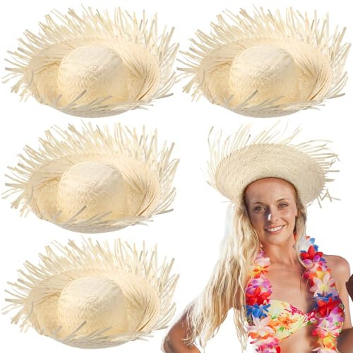 Patelai 4 Pcs Hawaii Straw Hat Pava Hat Puerto Rico Pava Scarecrow Costume Accessory Beachcomber Hats for Costume Halloween, Light, Classic Style