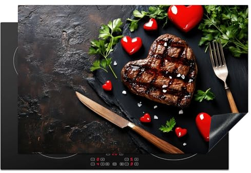 KitchenYeah© Herdabdeckplatte Einteilig Ceranfeld Abdeckplatte Küche Deko | 80x52 cm - Ceranfeldabdeckung Herdabdeckung Induktionsmatte Steak - Herz - Valentins Geschenke