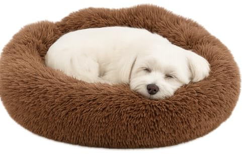 Flamingo Hundebett flauschig, Katzenbett, Donut Kissen, waschbar, Polsterung in der Mitte herausnehmbar, Langer Plüsch, 55 cm Durchmesser - Mokka