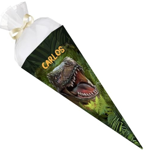 GRAVURZEILE - Bedruckte Schultüte - T-Rex - Personalisiert mit Namen - Geschenk zur Einschulung - Sechseckige Zuckertüte für Jungen & Mädchen - 61 cm mit Tüll-Verschluss - Farbe: T-Rex