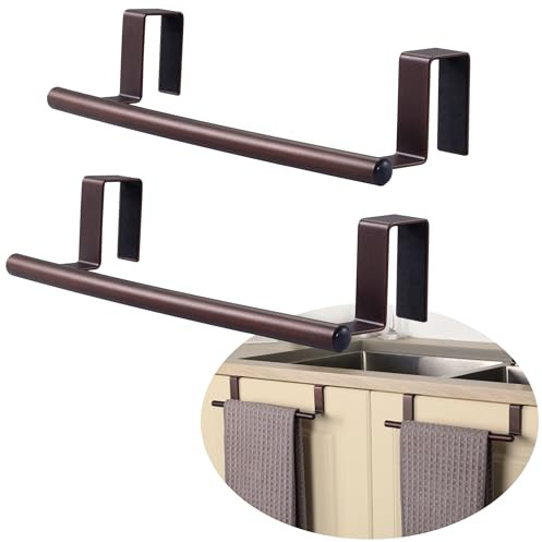 KES Over Cupboard Towel Rail, Fits 1 (25 mm) Thick Doors, Over Door Tea Towel Holder with Extended Hooks, 2 Pack Kitchen & Bathroom Hanging Towel Bar All Metal Brown, KTH500S26-OB-P2