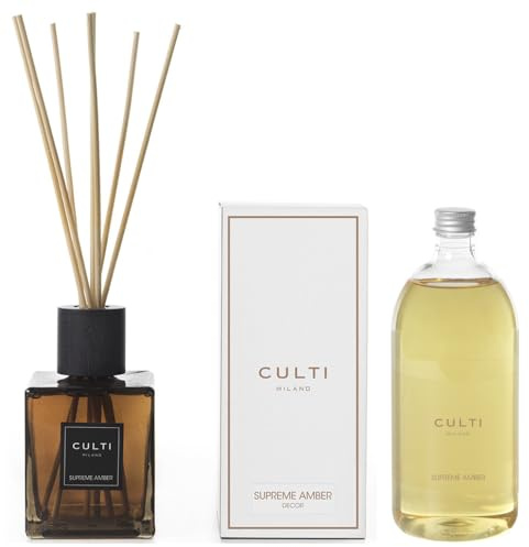 Duftstäbchen 500 ml Decor mit Nachfüllpackung 1000 ml – eleganter Raumduft – Culti Milano – Lebensdauer 6 Monate Abdeckung 30 qm – edles Design und hochwertiger Duft (Supreme Amber)
