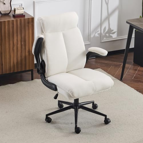 Bonnlo Ergonomischer Bürostuhl, Schreibtischstuhl mit hochklappbarer Armlehne, Computerstuhl, Drehstuhl, Wippfunktion 105°-120°, Höhenverstellbar, Drehbar, 150KG Belastbarkeit (Leinen, Weiß)