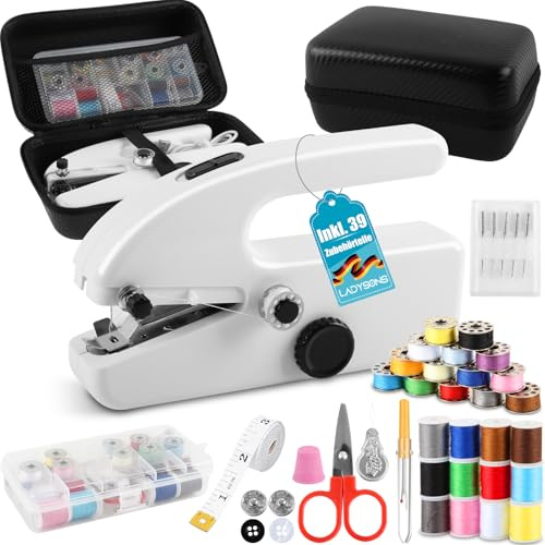 Handnähmaschine, Mini Nähmaschine Elektrisch, Tragbare Nähmaschine mit Aufbewahrungsbox, Nähzubehör, 2 Modi, Ideal für Anfänger & Schnelle Reparaturen an Kleidung und Stoffen (Weiß)