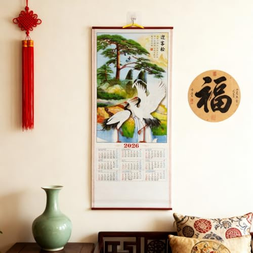 KYMY 2026 Chinese Wall Scroll Calendar, Zodiac Horse Feng Shui Hanging Calendar, English Language Lunar New Year Imitation Rattan Wall Decor, Asian Home Office Door Hanging Decoration