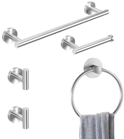Towel Roll Rail Towel Holder Set, Stainless Steel Metal Bathroom Accessory Set, Toilet Paper Roll Holder Wall Hook Towel Ring Rack Bathroom Hardware (Silver)
