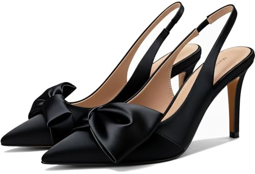 Manoloshow Slingback Heels for Women with Bow Pointed Toe Stiletto Pumps 3.3 High Heels Holiday Festive Sexy Dress Shoes Satin Black Size 11