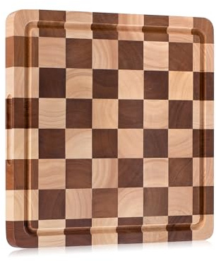 Tabla de Cortar Cuadrada de Madera de Caucho con Diseño de Ajedrez | Diseño A Cuadros con Canaleta y Asas, 30 x 30 x 2,5 cm, para Carne, Verduras y Queso
