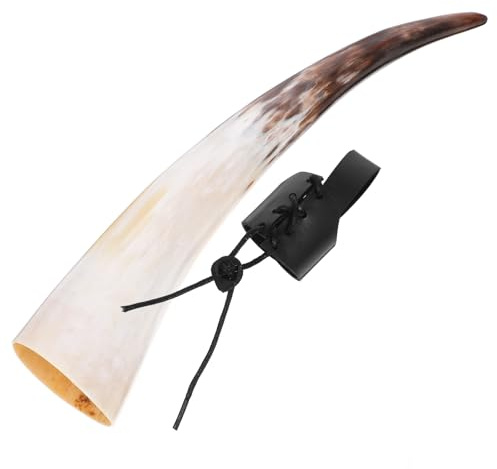 NOLITOY Taza de Cuerno de Buey Artesanal Grande 38-44 CM con Funda de Cuero Negro Vaso para Vino y Cerveza Decoración Rústica y Funcional para Uso Hogar y Eventos