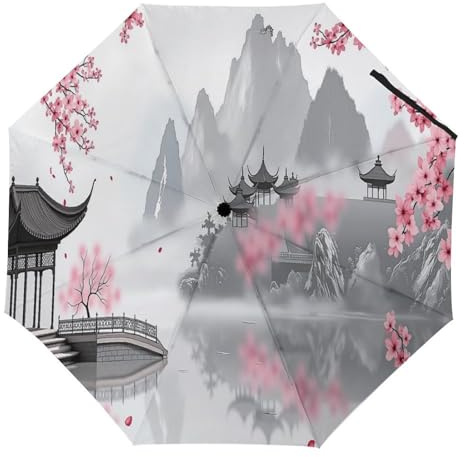 YCJUGWSP Cherry Blossom Pavilion Windproof Travel Umbrella, Compact 3-Fold Umbrella for Rain Sun, Portable Folding Umbrellas for Backpack Car, Lightweight Rain Umbrellas for Men Women