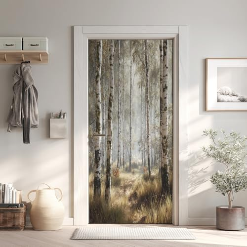 Natur Wald Türaufkleber, Herbst Türfolie Selbstklebende Fototapete 85x200 cm, Birken Türposter Abnehmbar Türfolie PVC Für Tür Schlafzimmer Badezimmer Türaufkleber
