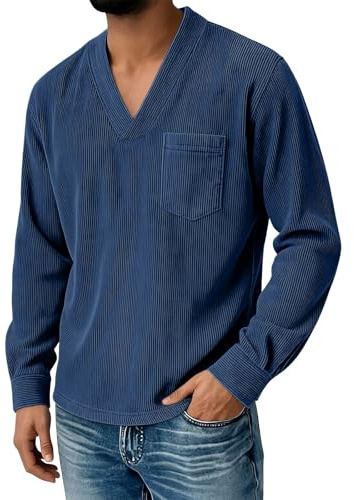 Generisch Cord Maglione da uomo con scollo a V, a maniche lunghe, in tinta unita, per il tempo libero, casual, da spiaggia, con tasca sul petto, Blu mare, 3XL