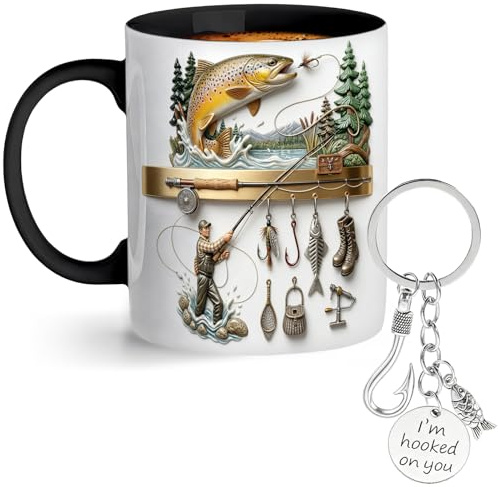 Fishing Mugs with Keyring, Novelty Printing Fishing Gifts for Angling Enthusiasts, Novelty Angling Coffee Mug & I'm Hooked on You Keychain, Decorative Ceramic Cup for Tea Coffee Beer & Hot Drinks
