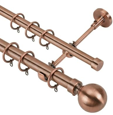 Lister Cartwright Double Curtain Fixed Pole Set with Antique Copper Ball Finials – 19mm & 28mm Metal Poles for Layered Curtains, Sheer & Blackout, Complete Kit with Brackets, Rings & Fixings (300 cm)
